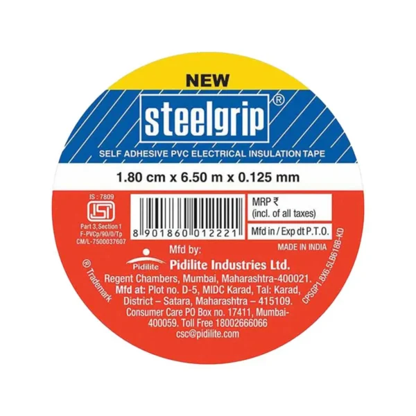 Steelgrip Self-Adhesive PVC Electrical Insulation Tape - 1.70cm x 6.5m x 0.125mm, Black, 6.5 m